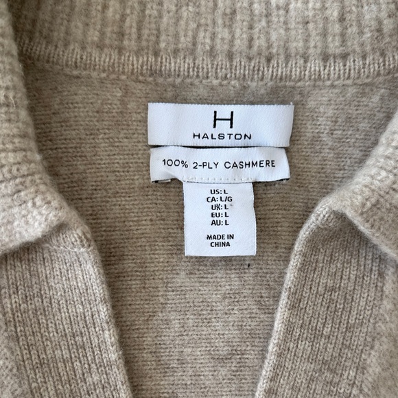Halston Heritage V-Neck Cashmere Polo Sweater in Beige sz L - Picture 3 of 12